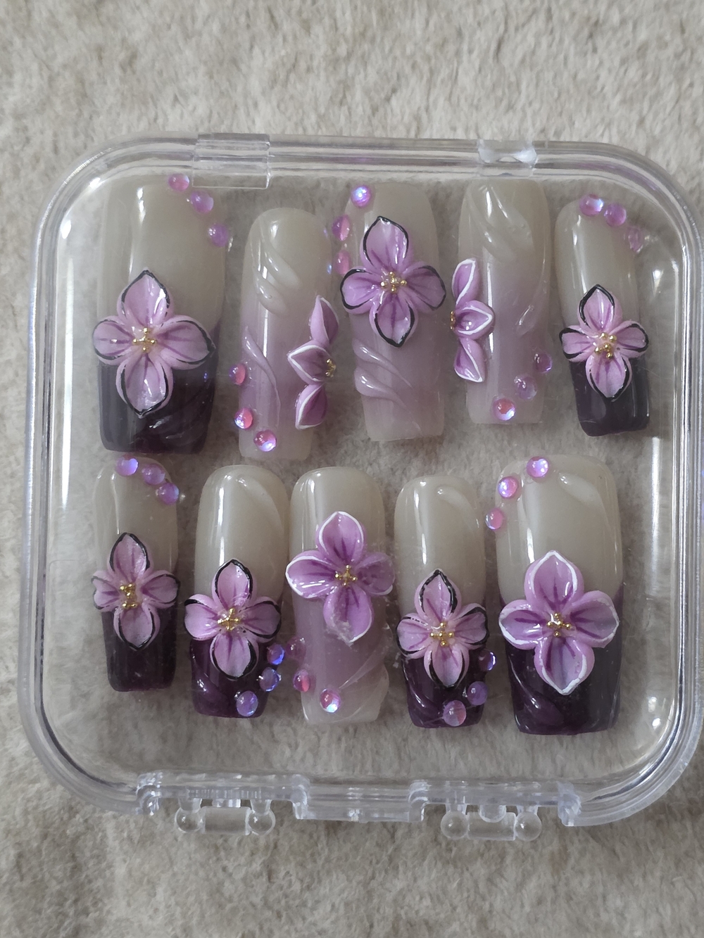 Hand Crafted Floral Purple, Pink, & Cream 3D Press-On Nails NIB